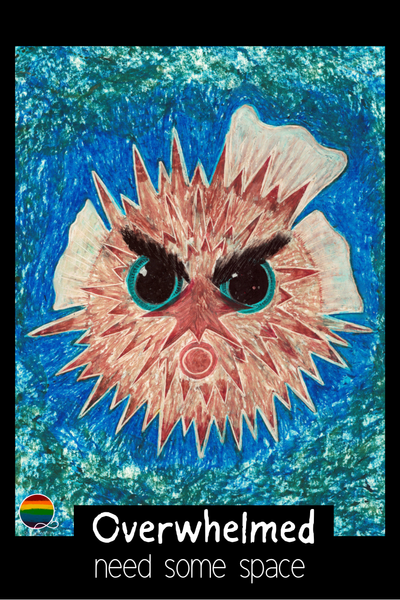 magnetic card with illustration of pufferfish and signed Overwhelmed